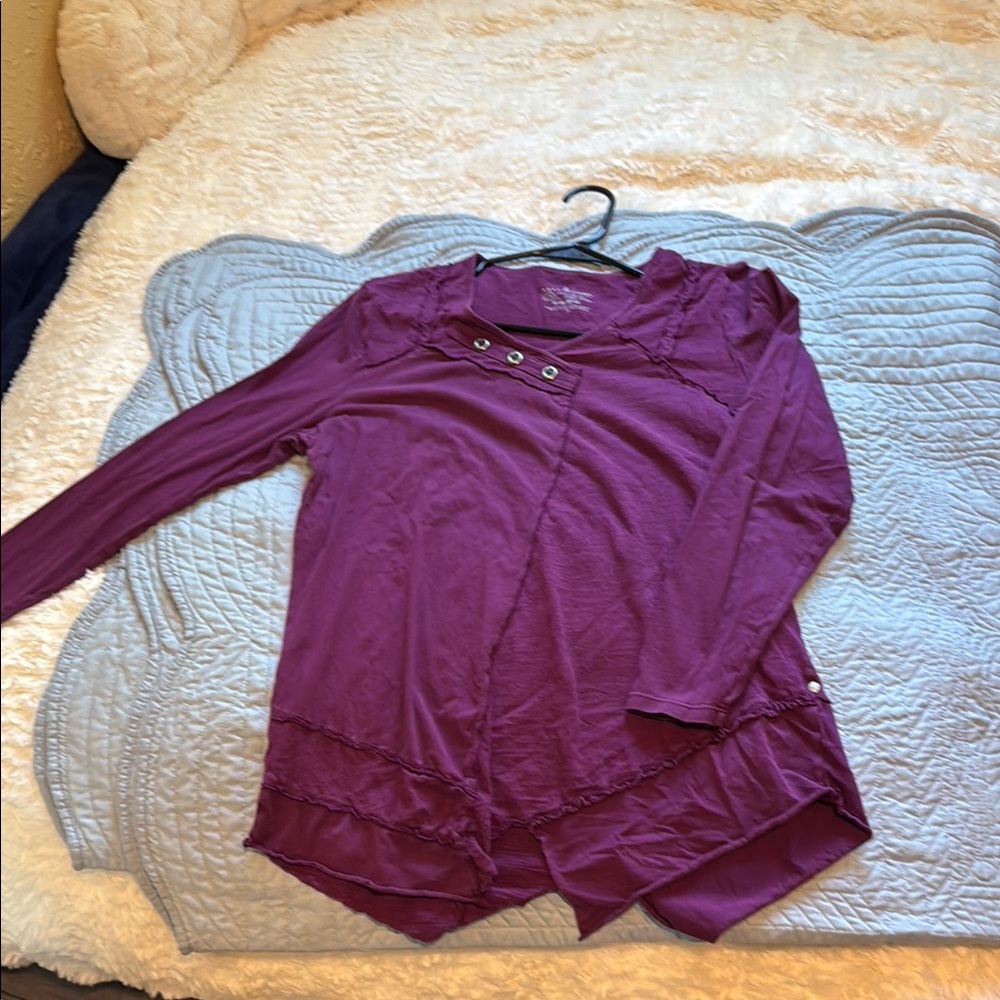 Neon Buddha Red Asymmetrical Buttoned Long Sleeve Blouse